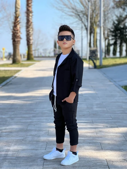 MODAVALS KOL KATLAMALI KETEN GÖMLEK & BELİ LASTİKLİ KETEN PANTOLON & PAMUKLU TSHIRT & ZİNCİR AKSESUAR 4LÜ KETEN ERKEK ÇOCUK TAKIM - 10