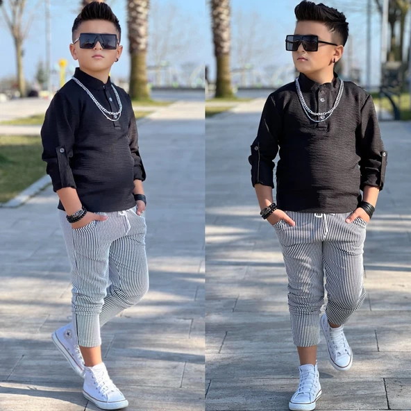 MODAVALS HAKİM YAKA KOL KATLAMALI BADİ & BELİ LASTİKLİ BAĞCIKLI CEPLİ ÇİZGİLİ PANTOLON & ZİNCİR AKSESUAR 3 PARÇA ERKEK ÇOCUK KETEN ALT ÜST TAKIM - 2