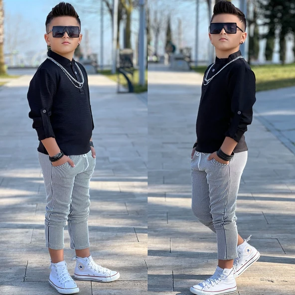 MODAVALS HAKİM YAKA KOL KATLAMALI BADİ & BELİ LASTİKLİ BAĞCIKLI CEPLİ ÇİZGİLİ PANTOLON & ZİNCİR AKSESUAR 3 PARÇA ERKEK ÇOCUK KETEN ALT ÜST TAKIM