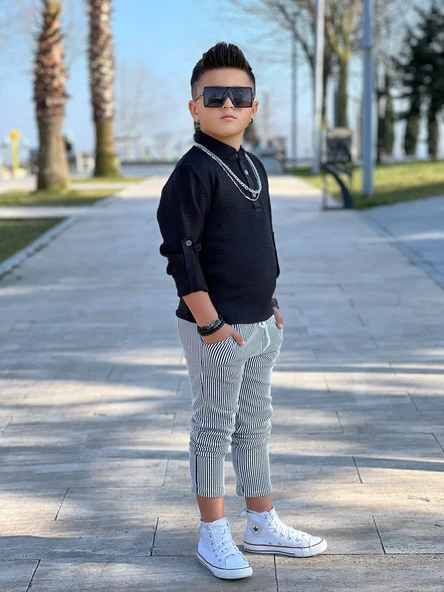 MODAVALS HAKİM YAKA KOL KATLAMALI BADİ & BELİ LASTİKLİ BAĞCIKLI CEPLİ ÇİZGİLİ PANTOLON & ZİNCİR AKSESUAR 3 PARÇA ERKEK ÇOCUK KETEN ALT ÜST TAKIM - 4