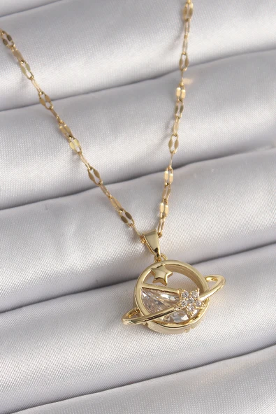 316L Çelik Gold Renk Zincir Zirkon Taşlı Yıldız Detay Satürn Gezegen Model Kadın Kolye - TJ-BKO9642