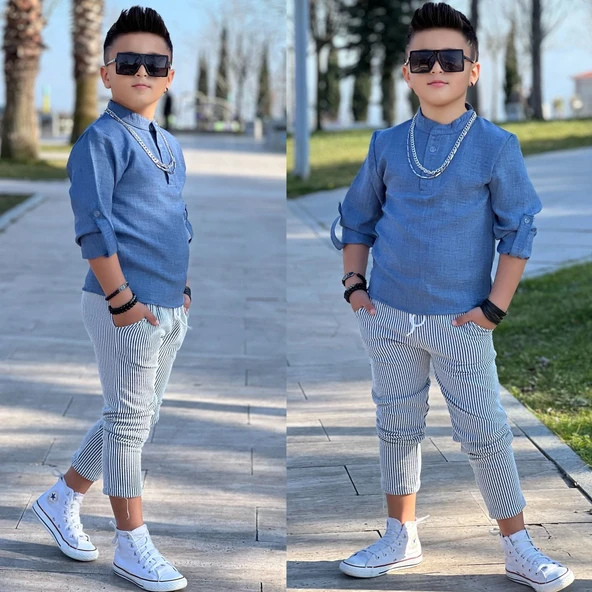MODAVALS HAKİM YAKA KOL KATLAMALI BADİ & BELİ LASTİKLİ BAĞCIKLI CEPLİ ÇİZGİLİ PANTOLON & ZİNCİR AKSESUAR 3 PARÇA ERKEK ÇOCUK KETEN ALT ÜST TAKIM - 11