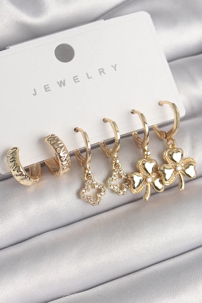 Pirinç Gold Renk Sallantı Zirkon Taşlı Yonca Model Kadın Küpe Seti - TJ-BKP10268