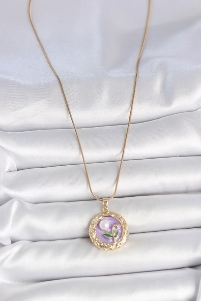 Gold Renk Zincir Mor Çiçek İşlemeli İnci Detay Potre Model Kadın Kolye -  EBJ250510W33745 - Resim 2