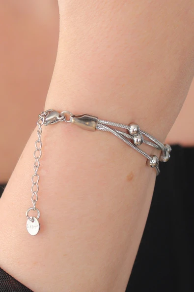 Gümüş Renk Minimal Top Figür Kadın Bileklik -  EBJ250510W33711 - Resim 2