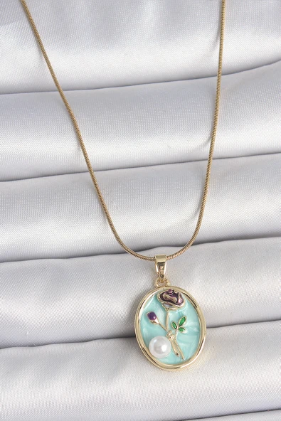 Gold Renk Zincir Mavi Çiçek İşlemeli İnci Detay Portre Model Kadın Kolye -  EBJ250510W33740 ürün görseli