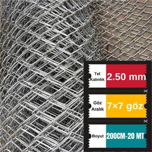 2.50mm Kalınlık 7x7 Göz (200cm -20mt ) Galvanizli Helezon Bahçe Çit Tel Örgü