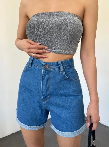 Kadın Duble Paça Yıkamalı Rahat Denim Şort - 4