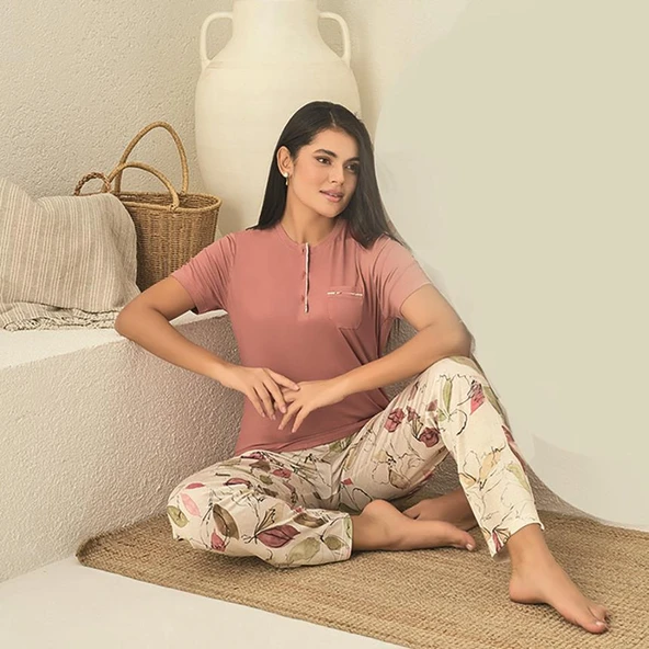 Rozalinda 3530 Kadın Yazlık Kısa Kol Uzun Alt Büyük Beden Pijama Takım