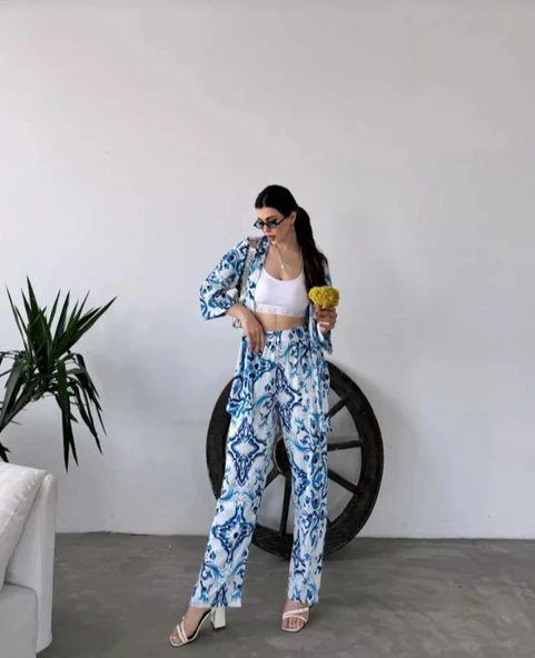 Kadın Açık Mavi Desenli Kimono Ve Pantolon İkili Takım