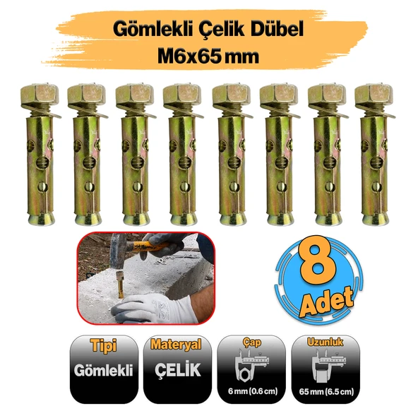 ( 8 Adet ) Saplamalı Gömlek Çelik Dübel M6x65 mm Raf Montaj Bağlantı Zemin Monte Betona Asma Aparat