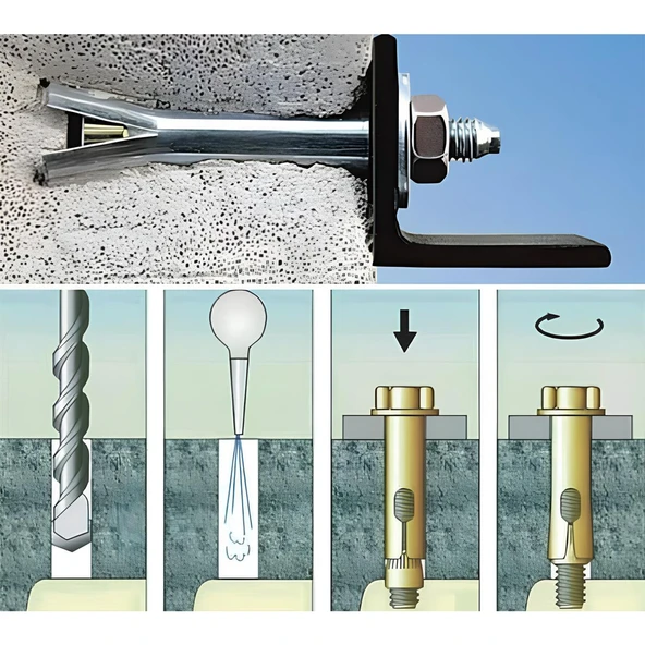( 8 Adet ) Saplamalı Gömlek Çelik Dübel M6x65 mm Raf Montaj Bağlantı Zemin Monte Betona Asma Aparat - 3