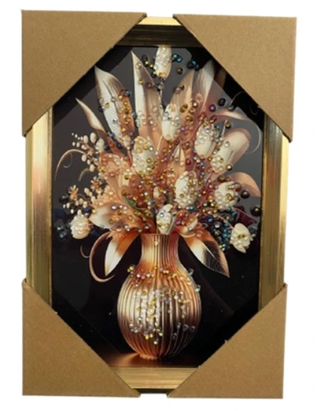 Duvar Tablo 22X32 Cm Vazoda Çiçekler Kahverengi Beyaz 3 Boyutlu M4440-1