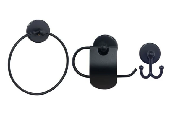 SAS Banyo Aksesuar Seti Yuvarlak Havluluk Kapaklı Tuvalet Kağıtlığı 3 Lü Set SİYAH ürün görseli