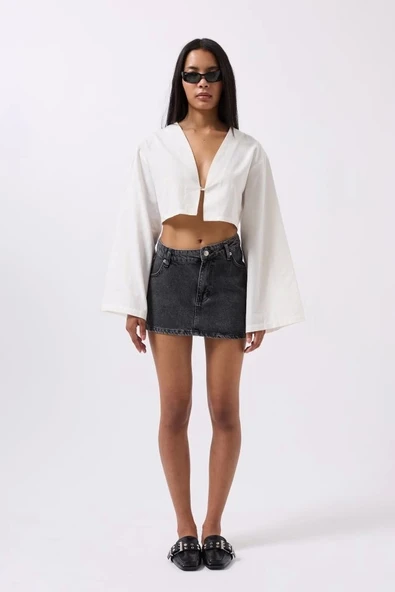 Asimetrik Bel Denim Mini Etek - 2