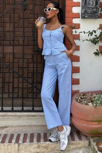 Kalın Askılı Bluz Pantolon Keten Takım 10187 - 6