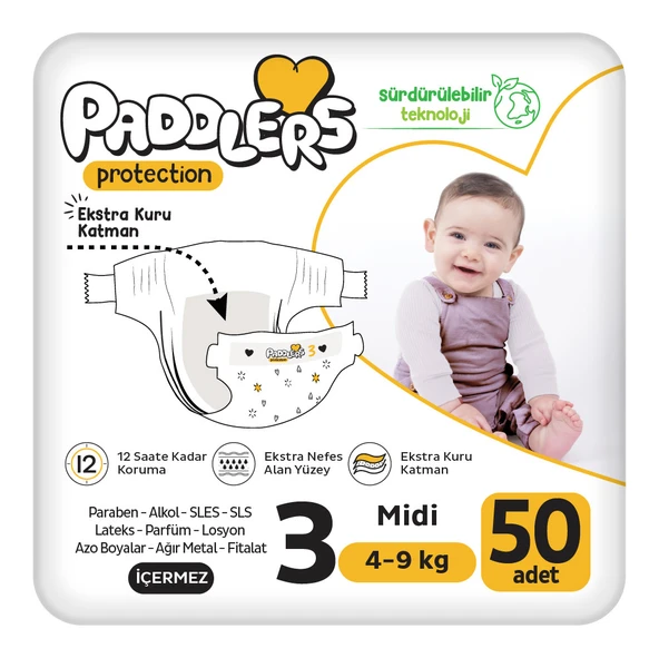 Paddlers Protection Bebek Bezi 3 Numara Midi 50 Adet (4-9 Kg) Jumbo Paket