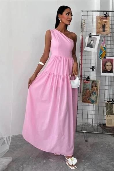 Tek Omuzlu Pile Detay Maxi Elbise 2895 - Resim 7