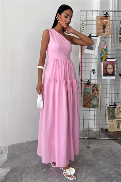 Tek Omuzlu Pile Detay Maxi Elbise 2895 - Resim 5