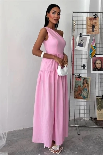 Tek Omuzlu Pile Detay Maxi Elbise 2895 - Resim 6