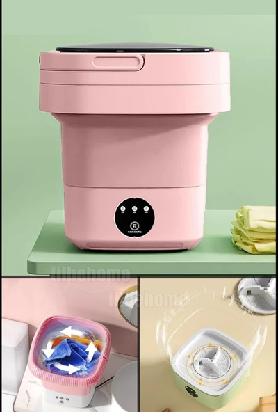 Tilbe Home Katlanır Mini Çamaşır Makinesi Pembe Taşınabilir Retro Silikon Çorap İç Çamaşırı Yıkayıcı 10 lt