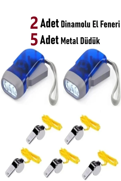 Doğal Afet Deprem Seti 2 Adet Dinamolu El Feneri 5 Adet Metal Düdük