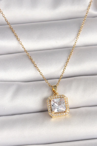 316L Çelik Gold Renk Zincir Kare Zirkon Taşlı Model Kadın Kolye - TJ-BKO9992