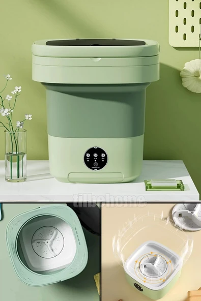 Tilbe Home Katlanır Mini Çamaşır Makinesi Yeşil Taşınabilir Retro Silikon Çorap İç Çamaşırı Yıkayıcı 10 lt