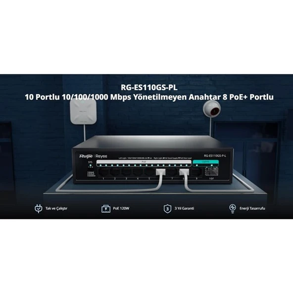 RUIJIE REYEE 8port RG-ES110GS-P-L GIGABIT 1-UPLINK 1-SFP 120W YÖNTİLEMEZ POE SWITCH - 2