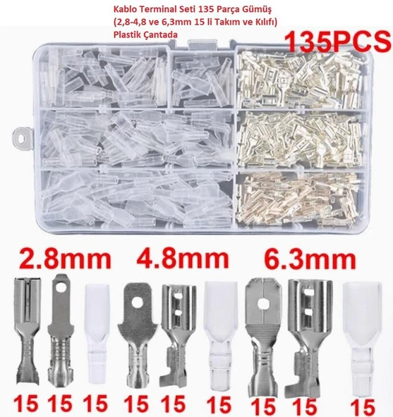 Kablo Terminal Seti 135 Parça Gümüş (2,8-4,8 ve 6,3mm 15 li Takım ve Kılıfı) Plastik Çantada ürün görseli 1