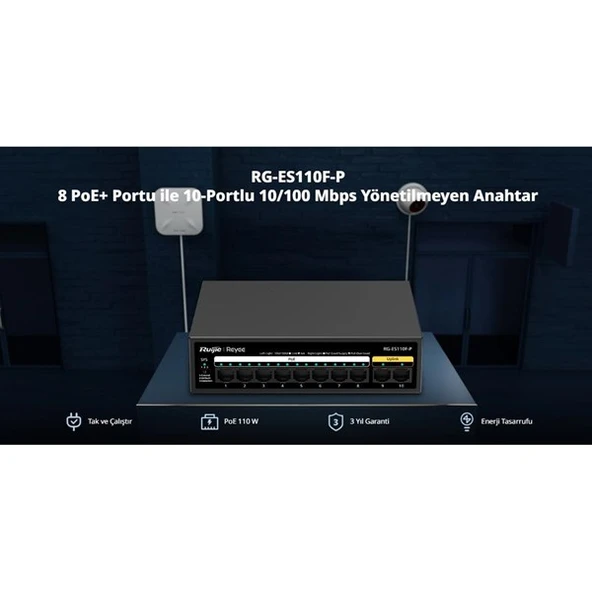 RUIJIE 8port RG-ES110F-P 10/100 2-UPLINK 110W YÖNETİLEMEZ POE SWITCH - Resim 2