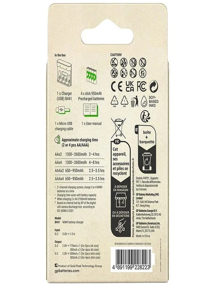 GP B441-100HCER21-2GTLB4 950 MAH İNCE PİLLİ USB ŞARJ CİHAZI 4 LÜ