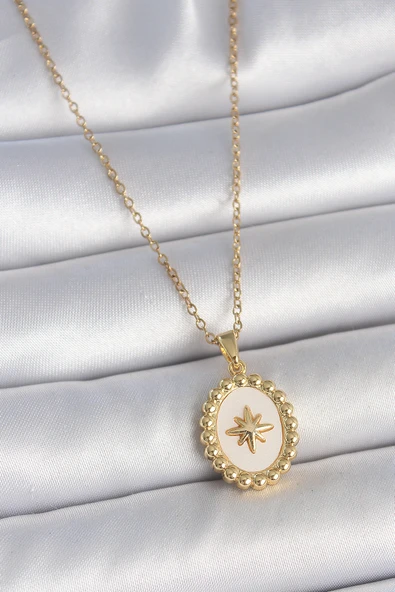 316L Çelik Gold Renk Zincir Beyaz Mineli Kutup Yıldız İşlemeli Madalyon Model Kadın Kolye - TJ-BKO10063