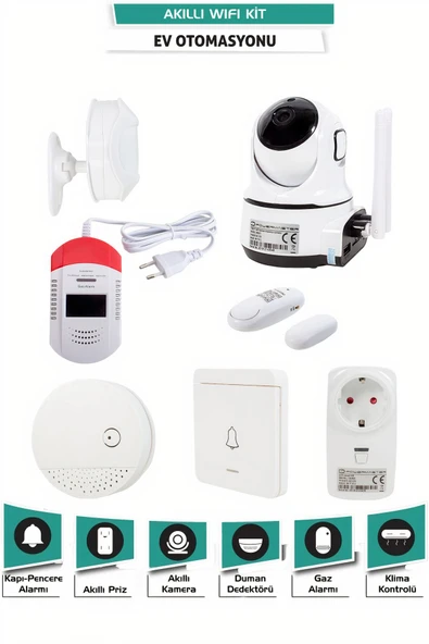 WiFi Akıllı Ev Otomasyon Seti -Kamera + Priz + Alarm + Dedektör + Uygulama Kontrollü Güvenlik Sistem