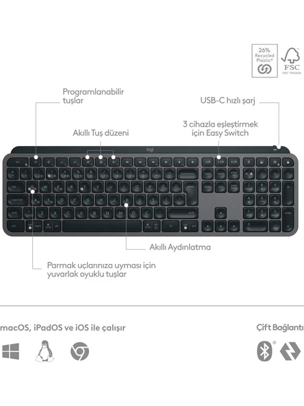 Logitech MX Keys S Gelişmiş Aydınlatmalı Tam Boyutlu Kablosuz Türkçe Q Klavye - Siyah - 6