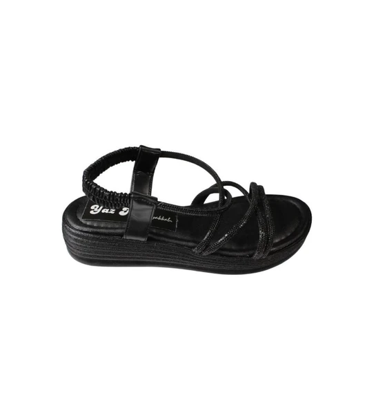 YAZKIŞ Kadın Siyah  Beyaz Cilt Çift Bantlı Üzeri Çapraz Taşlı 4cm Arkası Lastikli Kalın Taban Sandal - Resim 5