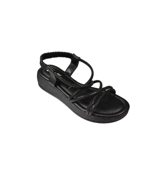 YAZKIŞ Kadın Siyah  Beyaz Cilt Çift Bantlı Üzeri Çapraz Taşlı 4cm Arkası Lastikli Kalın Taban Sandal