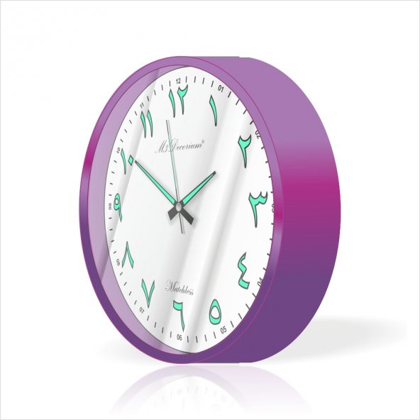 Mor Çerçeve Beyaz Zemin 22cm Arapça Farsça Fosforlu Duvar Saati ürün görseli 1