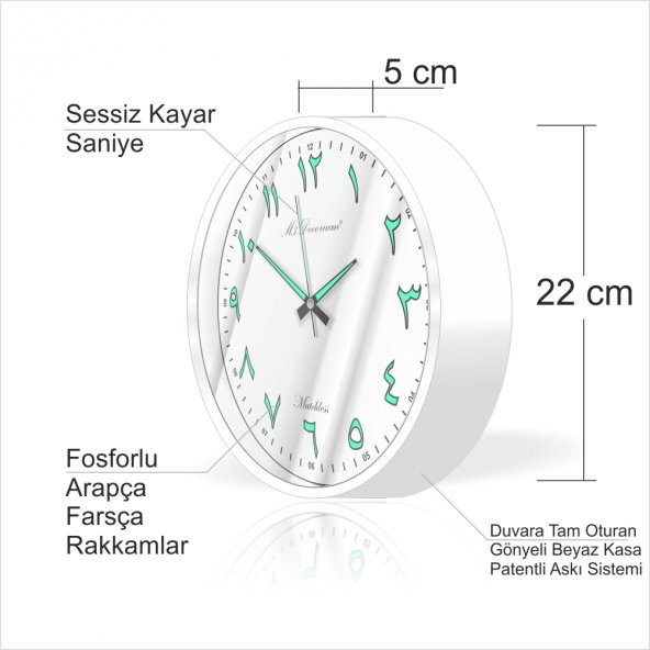 Beyaz Çerçeve Beyaz Zemin 22cm Arapça Farsça Fosforlu Duvar Saati - 2