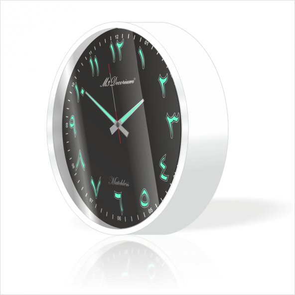 Beyaz Çerçeve Siyah Zemin 22cm Arapça Farsça Fosforlu Duvar Saati ürün görseli 1