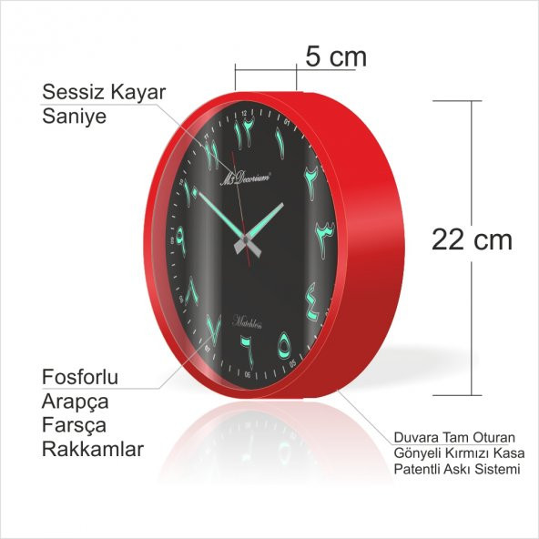 Kırmızı Çerçeve Siyah Zemin Arapça Farsça Fosforlu Duvar Saati - 2