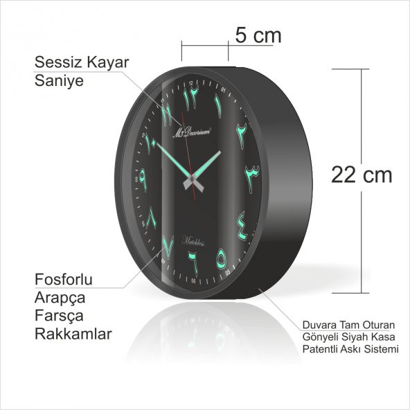 Küçük Siyah Çerçeve Zemin 22cm Arapça Farsça Fosforlu Duvar Saati - 2