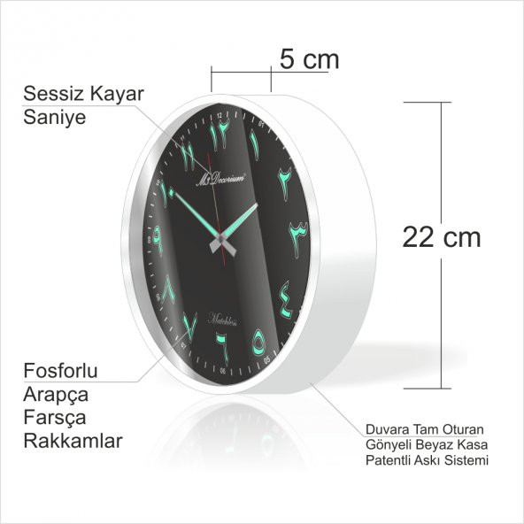 Beyaz Çerçeve Siyah Zemin 22cm Arapça Farsça Fosforlu Duvar Saati - Resim 2