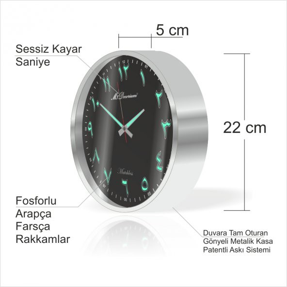 Metalik Çerçeve Siyah Zemin Arapça Farsça Fosforlu Duvar Saati - Resim 2