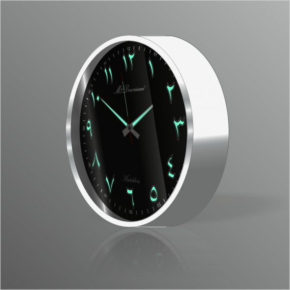 Beyaz Çerçeve Siyah Zemin 22cm Arapça Farsça Fosforlu Duvar Saati - Resim 3