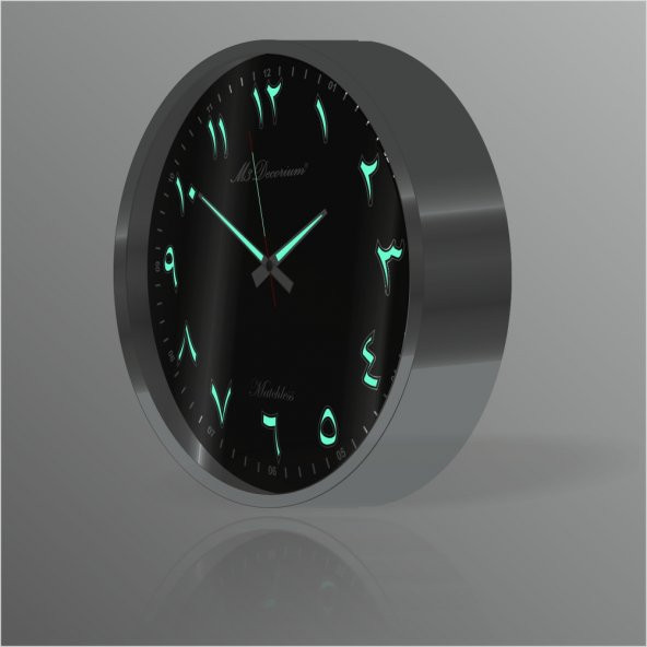 Metalik Çerçeve Siyah Zemin Arapça Farsça Fosforlu Duvar Saati - Resim 3