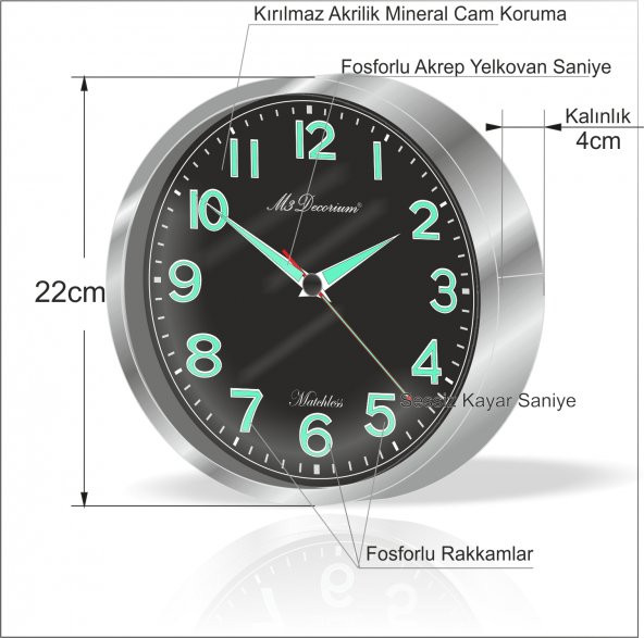 Fosforlu Gece Görünen Metalik Çerçeve Sessiz Kayar Duvar Saati - 3