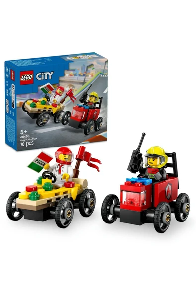 ® City Pizza Arabası İtfaiye Kamyonuna Karşı Yarış Arabası Paketi 60458- 5+ Oyuncak Seti (70 Pr)