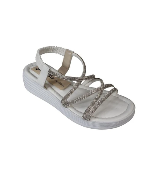 YAZKIŞ Kadın Siyah  Beyaz Cilt Çift Bantlı Üzeri Çapraz Taşlı 4cm Arkası Lastikli Kalın Taban Sandal - Resim 3