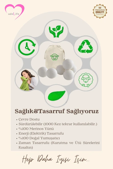 adeLife® % 100 Yün, Çamaşır Kurutma Topları (6'lı Paket)+10 ml Lavanta Yağı+2 Adet Keten Saklama Torbası - 3